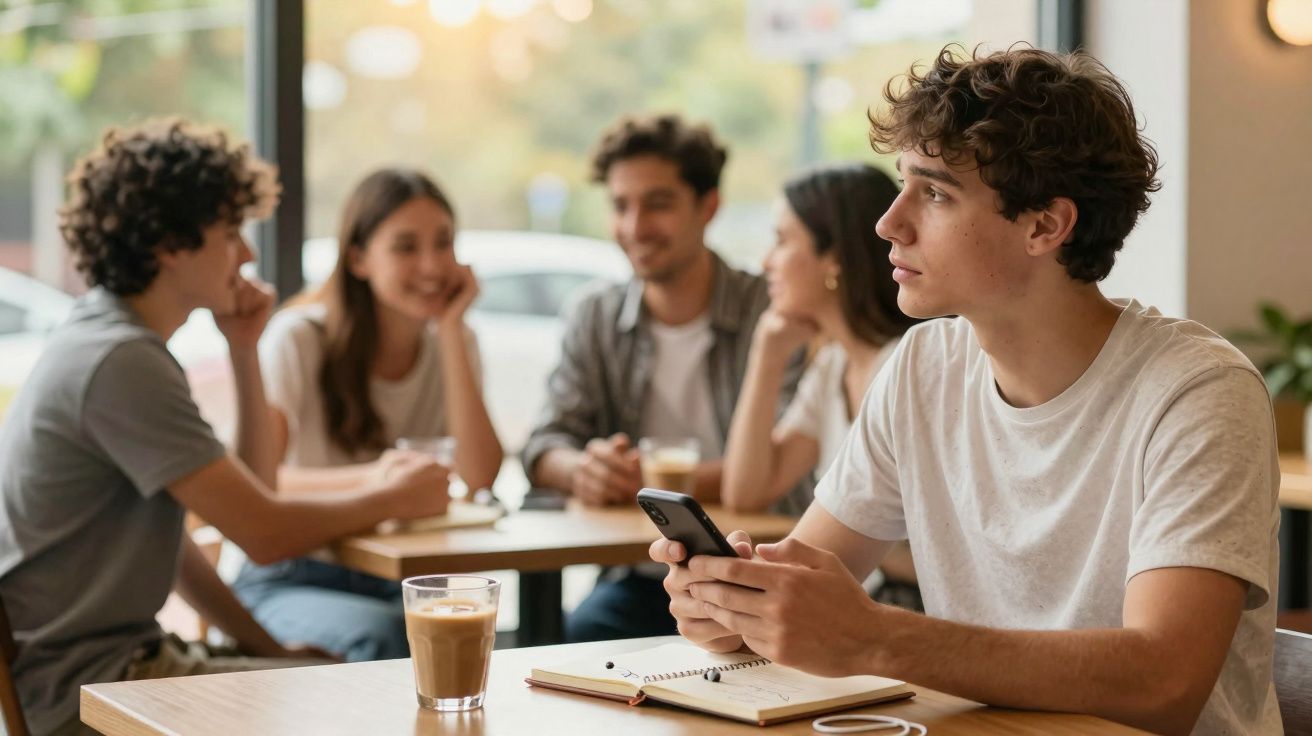 Jovem sentado sozinho à mesa de café, a olhar para o telemóvel, com grupo de amigos ao fundo.