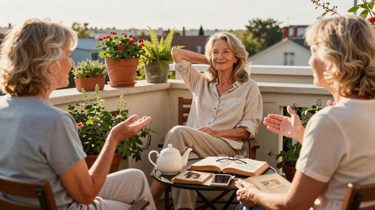 Três mulheres idosas conversam e sorriem num terraço com plantas, livros e chá na mesa.