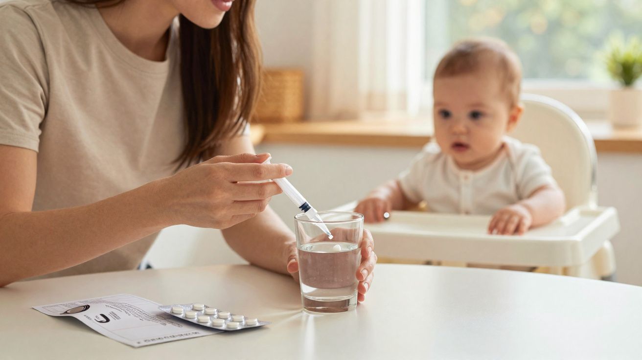 Mulher a dissolver medicamento líquido em copo de água com bebé sentado em cadeirão ao fundo.