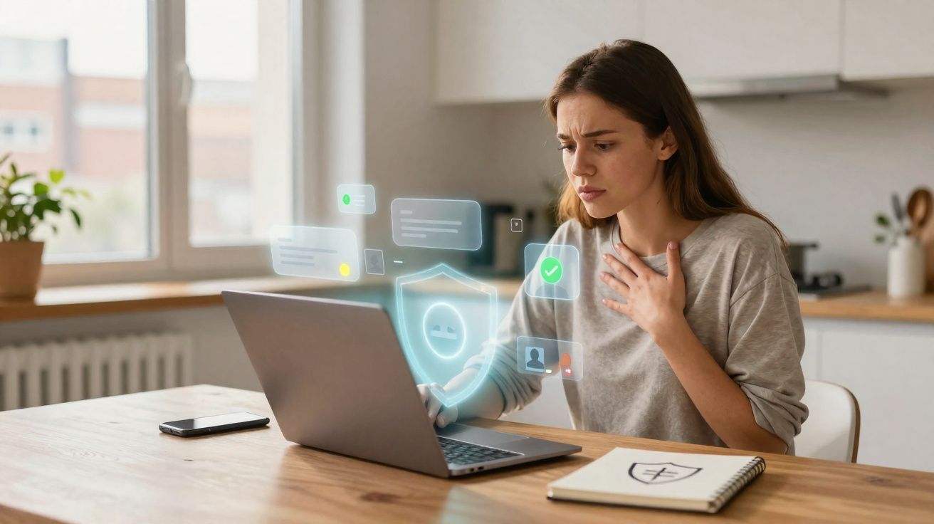 Mulher preocupada a usar portátil com ícones digitais de segurança e proteção na cozinha.