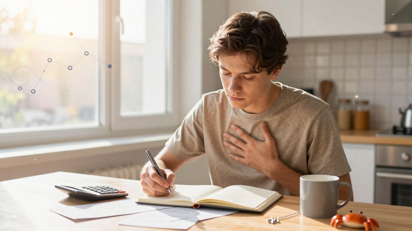 Jovem com dor no peito escreve num caderno numa mesa com calculadora, papéis, caneca e relógio.