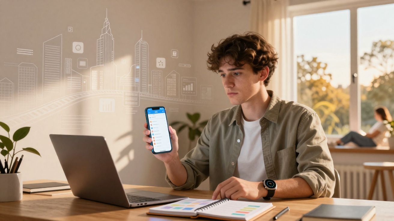 Jovem a trabalhar com computador portátil e smartphone numa mesa com cadernos e canetas, em ambiente iluminado.