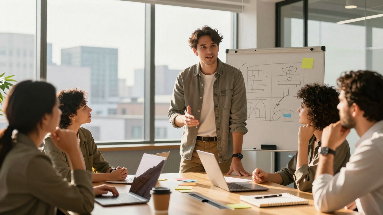Jovem apresenta ideias a colegas numa reunião de trabalho num escritório moderno com vista urbana.