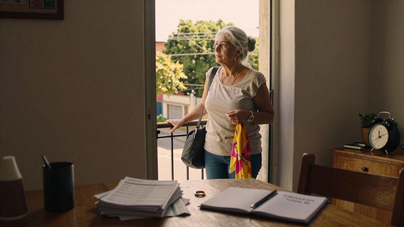 Mulher idosa com roupa casual, segurando uma bolsa e um lenço, de pé numa porta aberta.