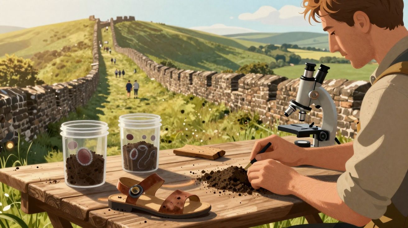Homem a examinar terra com lupa numa mesa perto de um muro antigo em colina, ao ar livre.