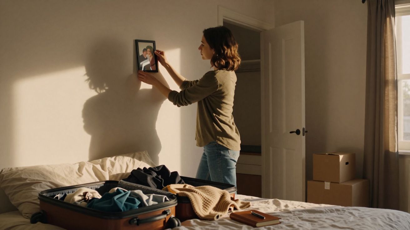 Mulher pendura fotografia na parede de um quarto com mala aberta e caixas para mudança ao fundo.