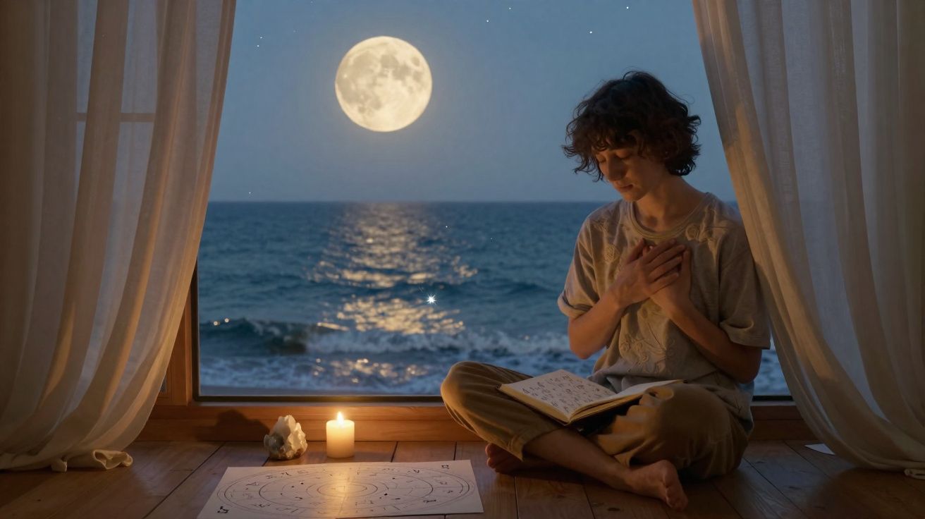Criança sentada junto à janela à noite, lendo um livro, com vela acesa e lua cheia visível sobre o mar.