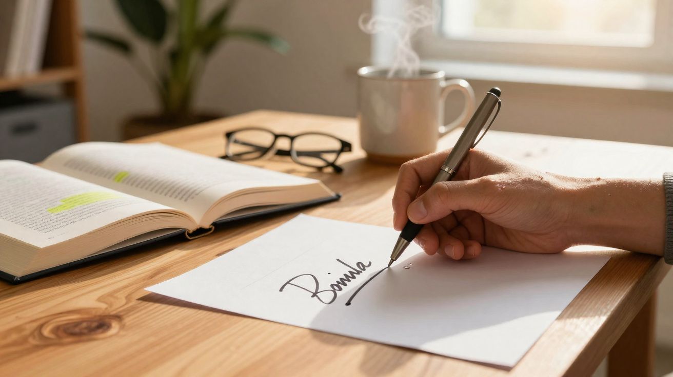 Pessoa a escrever a palavra "Banho" num papel, com livro aberto, óculos e chá quente numa mesa de madeira.