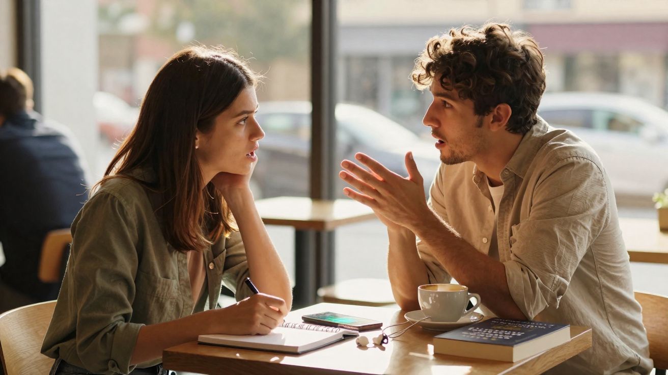 Homem e mulher conversam numa mesa de café com cadernos e livros, num ambiente iluminado e informal.
