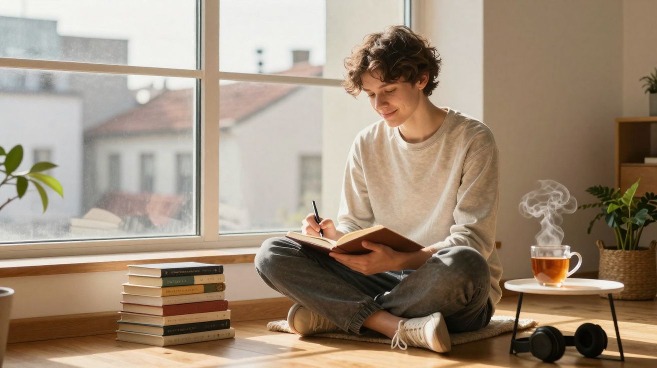 Jovem sentado no chão junto à janela, escrevendo num diário, com chá quente e livros empilhados ao lado.
