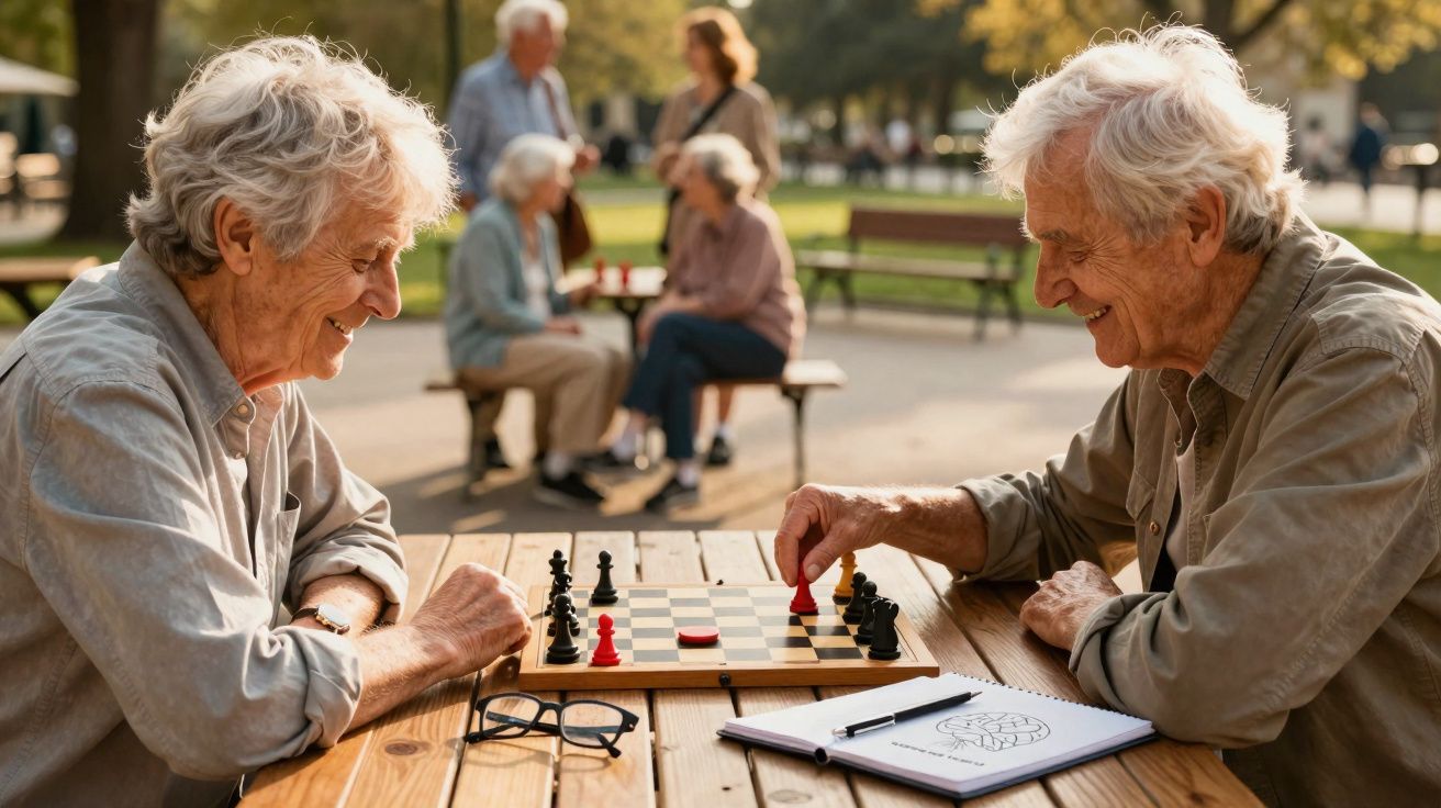Dois idosos a jogar xadrez ao ar livre, com outras pessoas sentadas ao fundo num parque ensolarado.