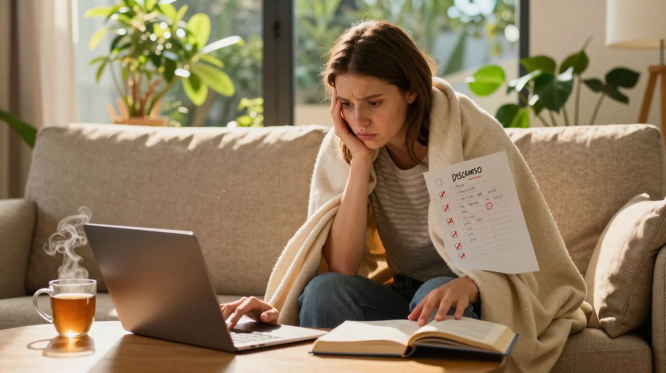 Mulher preocupada com déficit, coberta por manta, estuda com computador e relatório de despesas na sala iluminada.