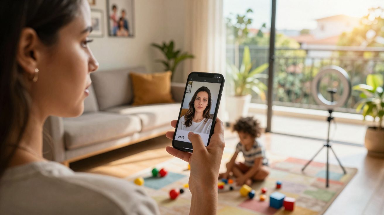 Mulher faz videochamada num smartphone enquanto criança brinca no tapete da sala iluminada.
