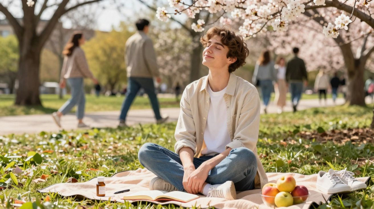 Jovem sentado na relva sob flores de árvore, com livro, maçãs e medicamento, desfrutando o sol primaveril.