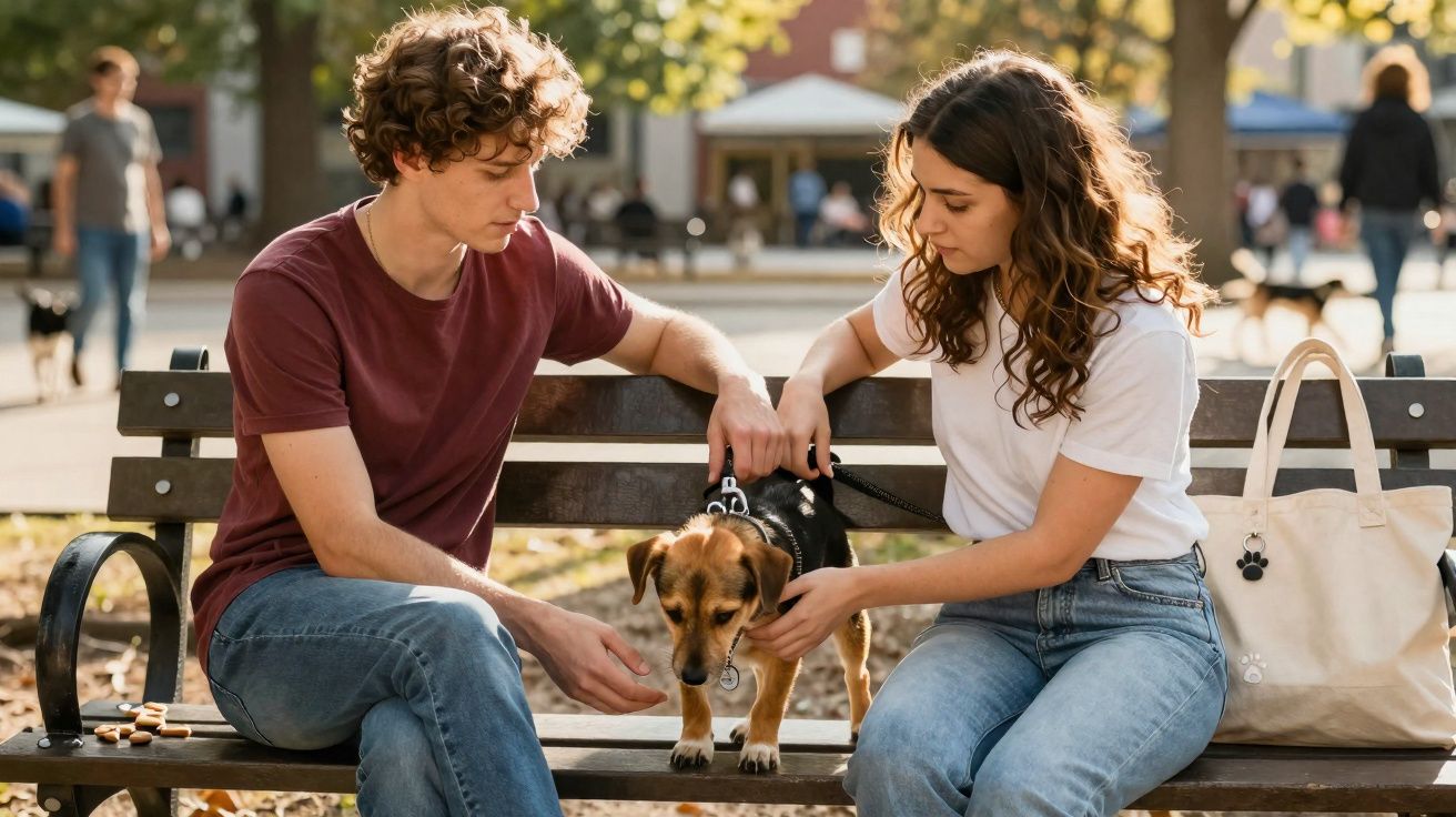 Jovem casal sentado num banco de parque a cuidar de um cão pequeno e castanho com preto.