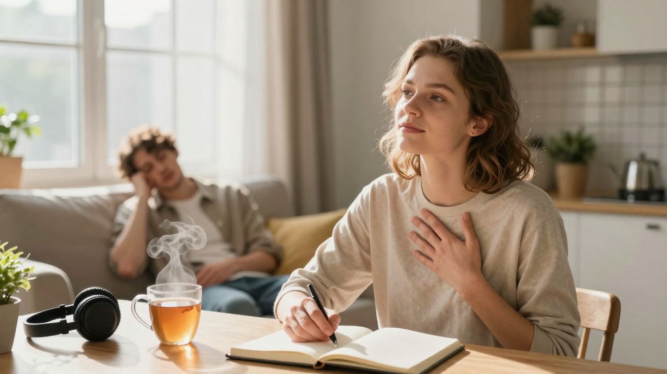 Mulher a escrever num caderno sentada numa mesa, homem ao fundo no sofá com expressão pensativa.