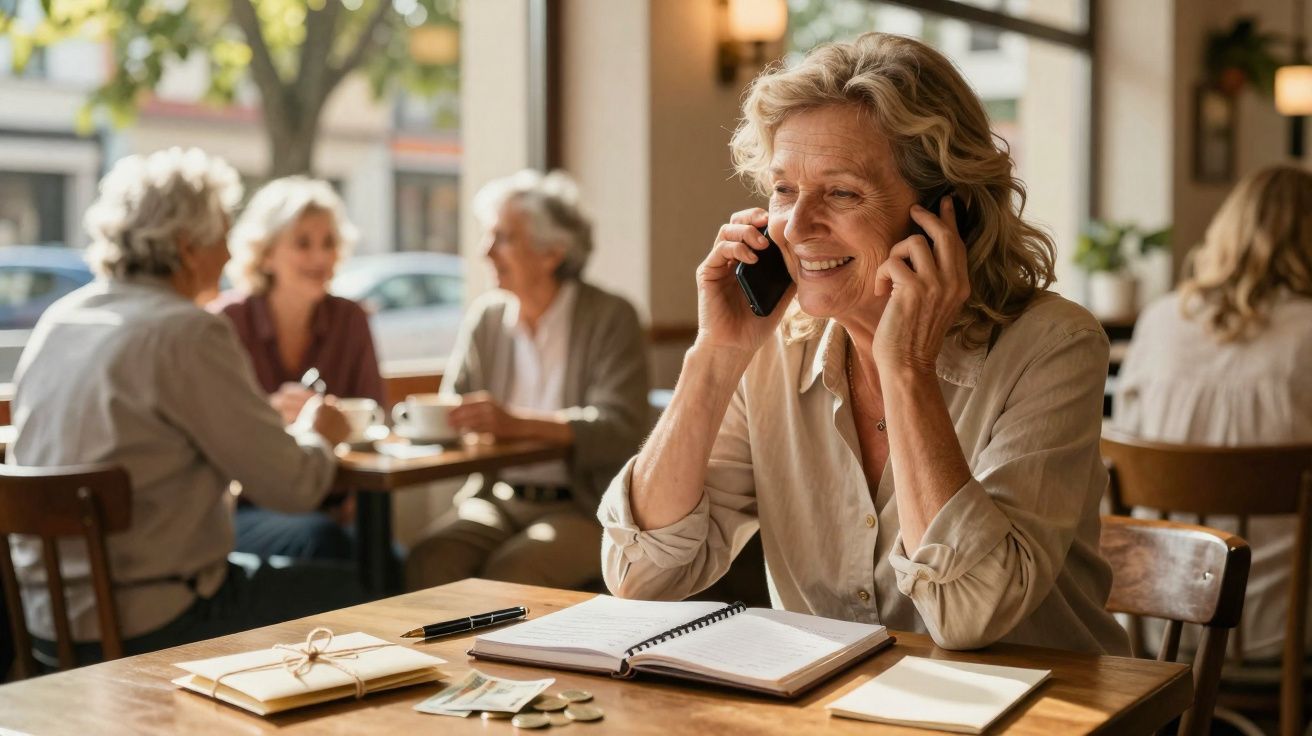 Mulher idosa sentada numa mesa de café, a sorrir enquanto fala ao telemóvel, com caderno e moedas à frente.