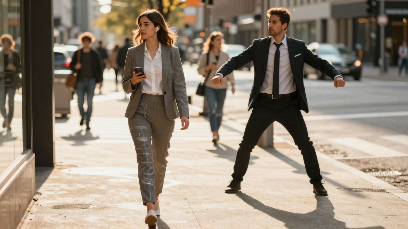 Mulher de fato cinza a andar na rua com telemóvel, homem de fato preto faz exercício de pernas abertas junto à calçada.