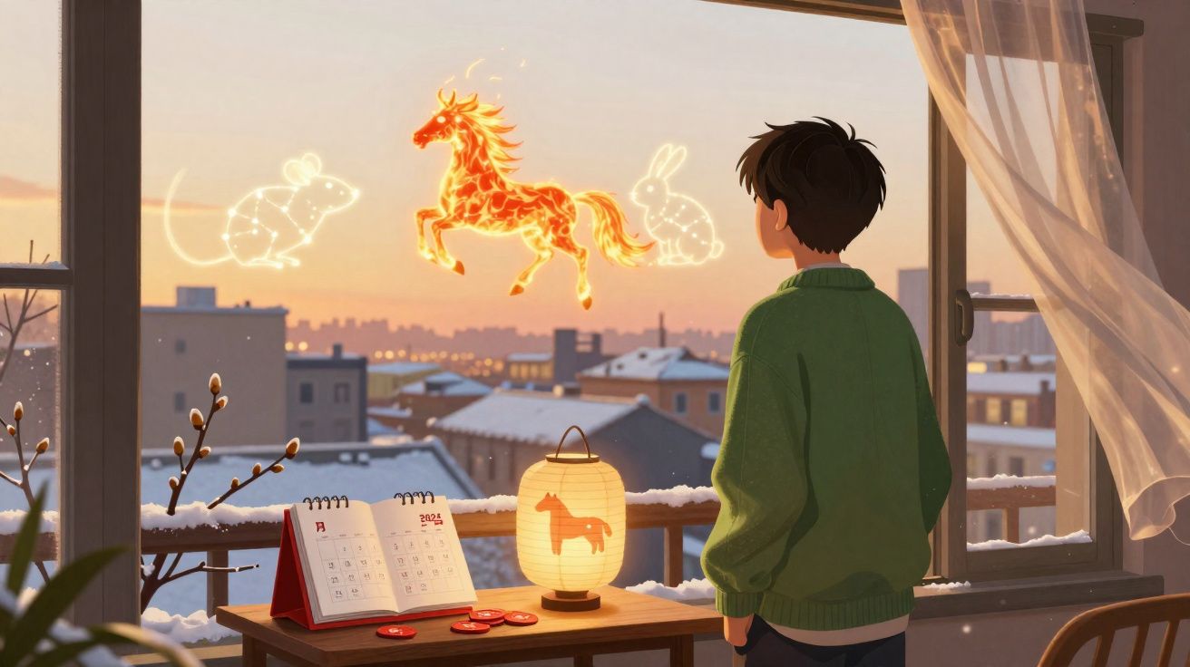 Criança de suéter verde observa lanternas e figuras luminosas de coelhos e cavalo ao pôr do sol.