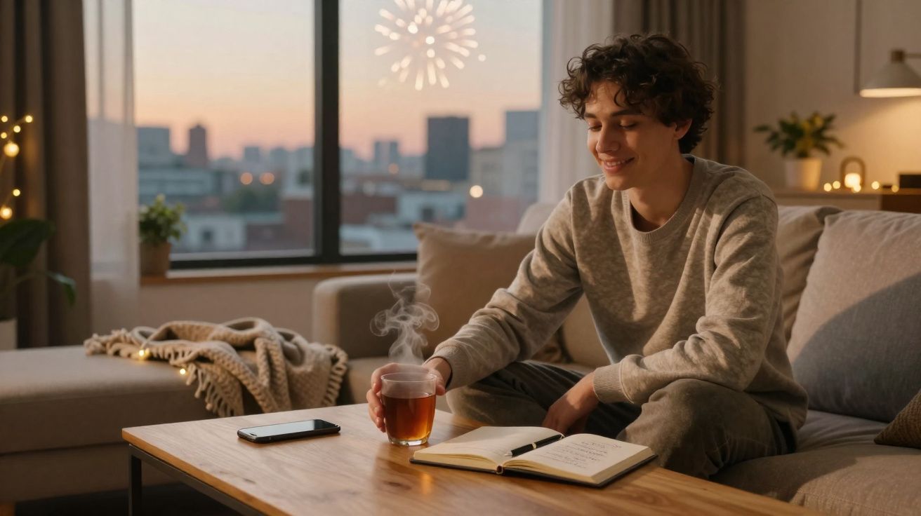 Jovem sentado no sofá com chá, lendo um livro, com vista para fogo de artifício à noite pela janela.
