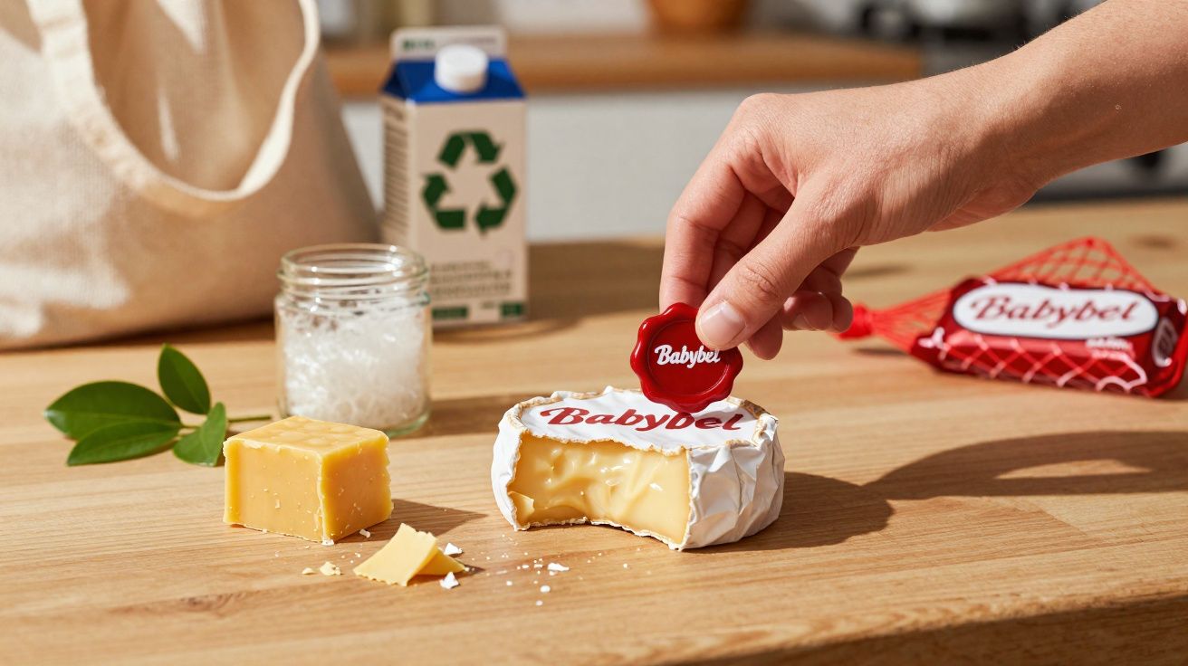 Mão a retirar selo vermelho de queijo Babybel cortado em pedaço, em mesa de madeira com cubo de queijo e ervas.