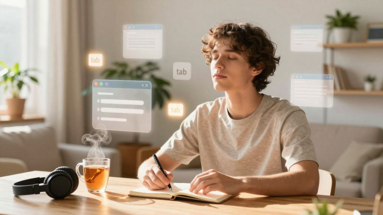 Jovem sentado a escrever num caderno, com olhos fechados, rodeado por elementos digitais flutuantes.