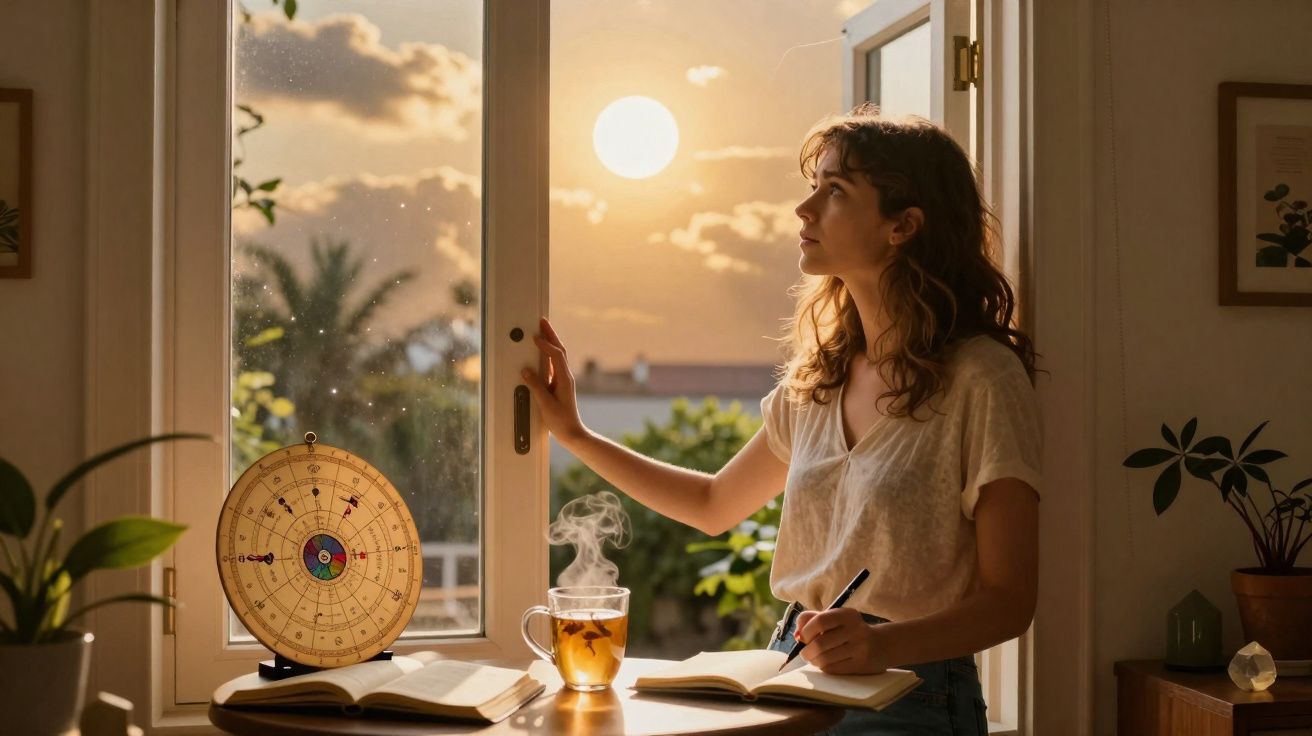 Mulher a escrever num caderno perto de uma janela aberta, com chá e sol poente ao fundo.