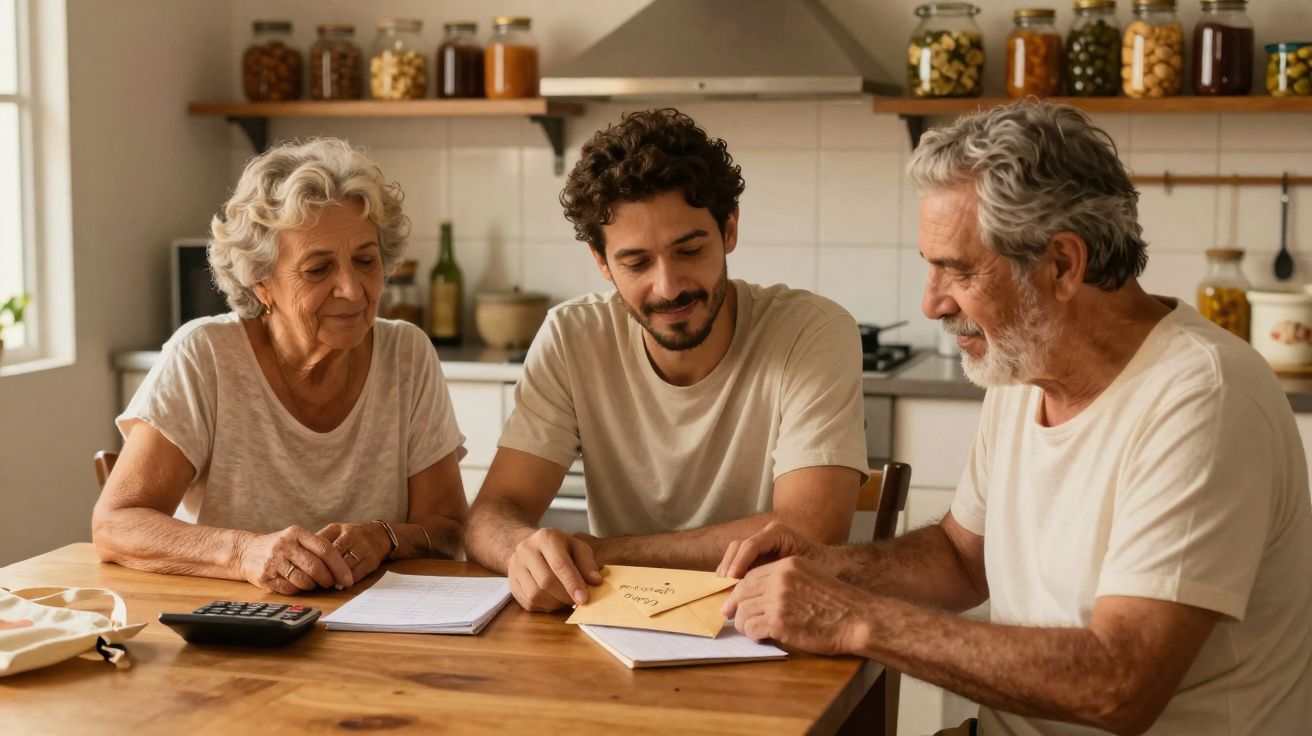 Três pessoas sentadas à mesa da cozinha a abrir e ler um envelope com documentos.