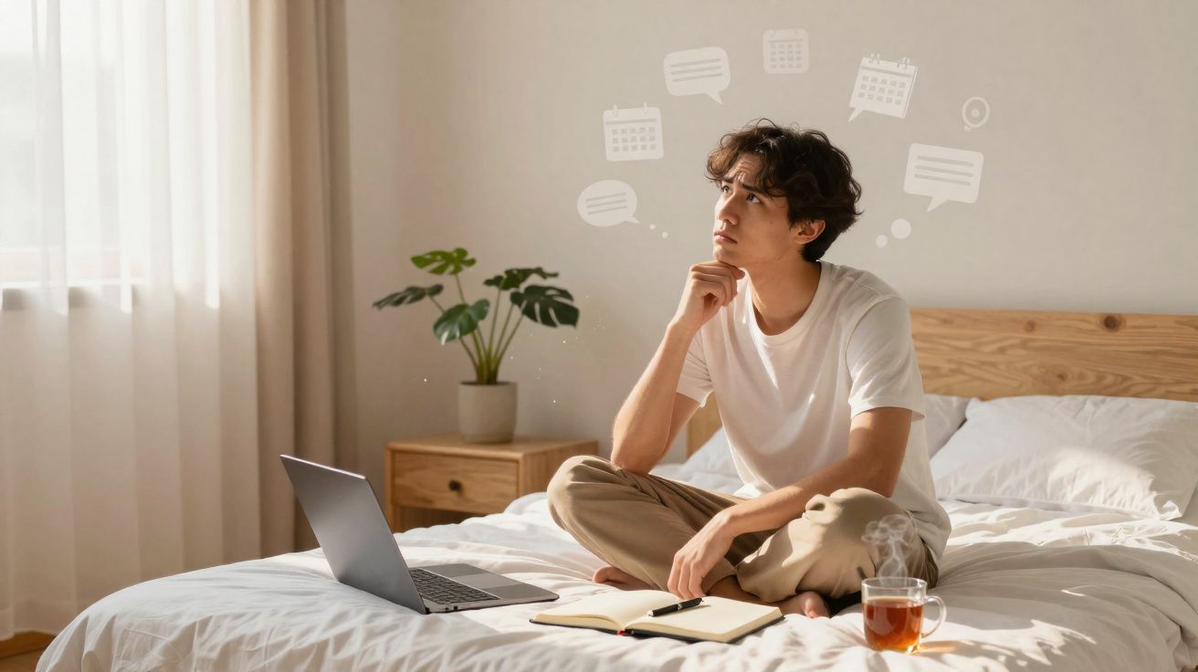 Jovem sentado na cama a pensar, com portátil, caderno e chá, num quarto iluminado pela luz natural.