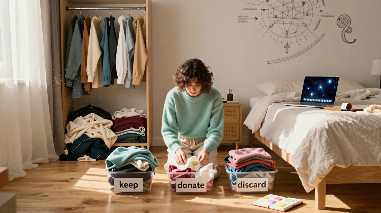 Pessoa a separar roupas em caixas rotuladas "guardar", "doar" e "descartar" num quarto bem iluminado.