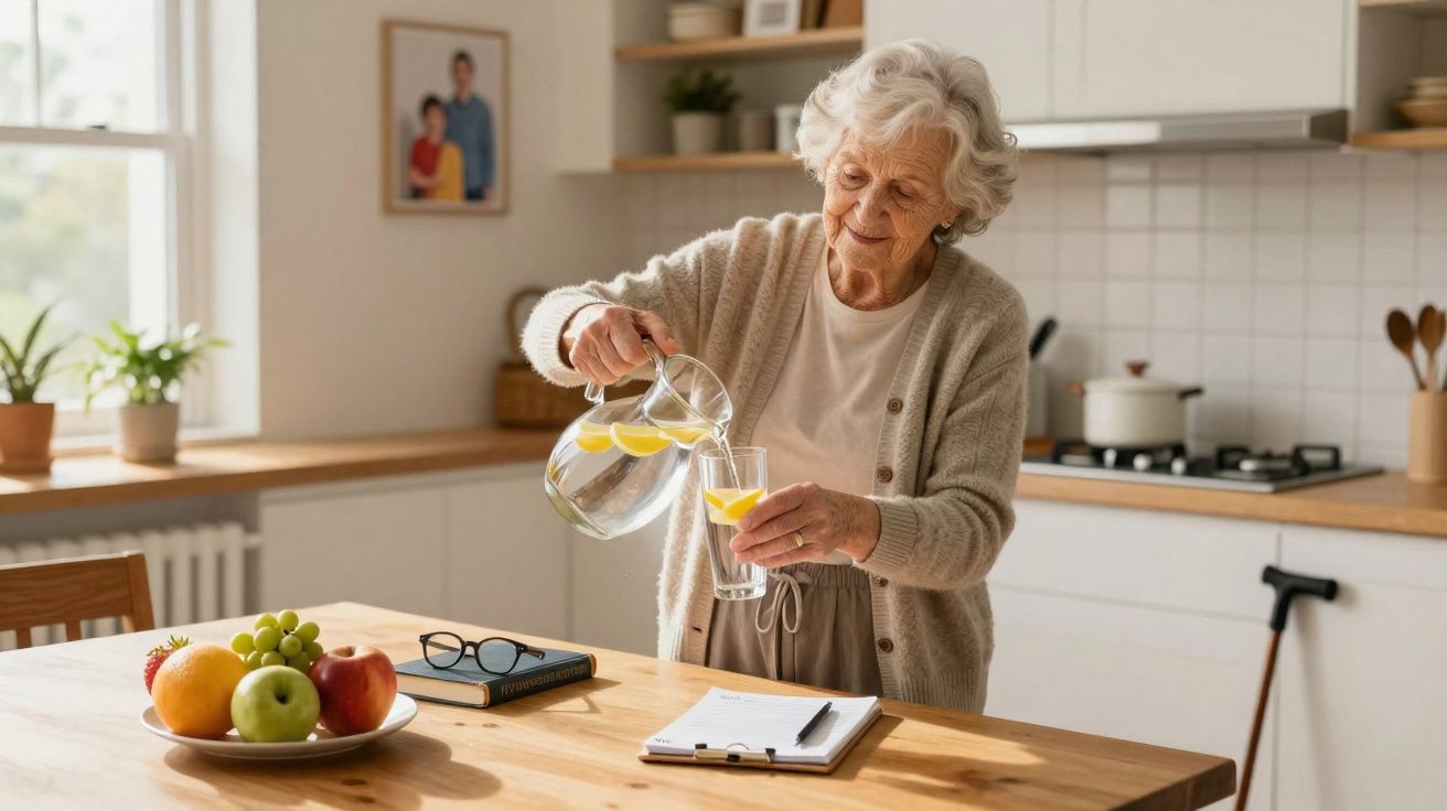 Idosa a servir sumo de limão num copo numa cozinha luminosa, com frutas e livros na mesa.