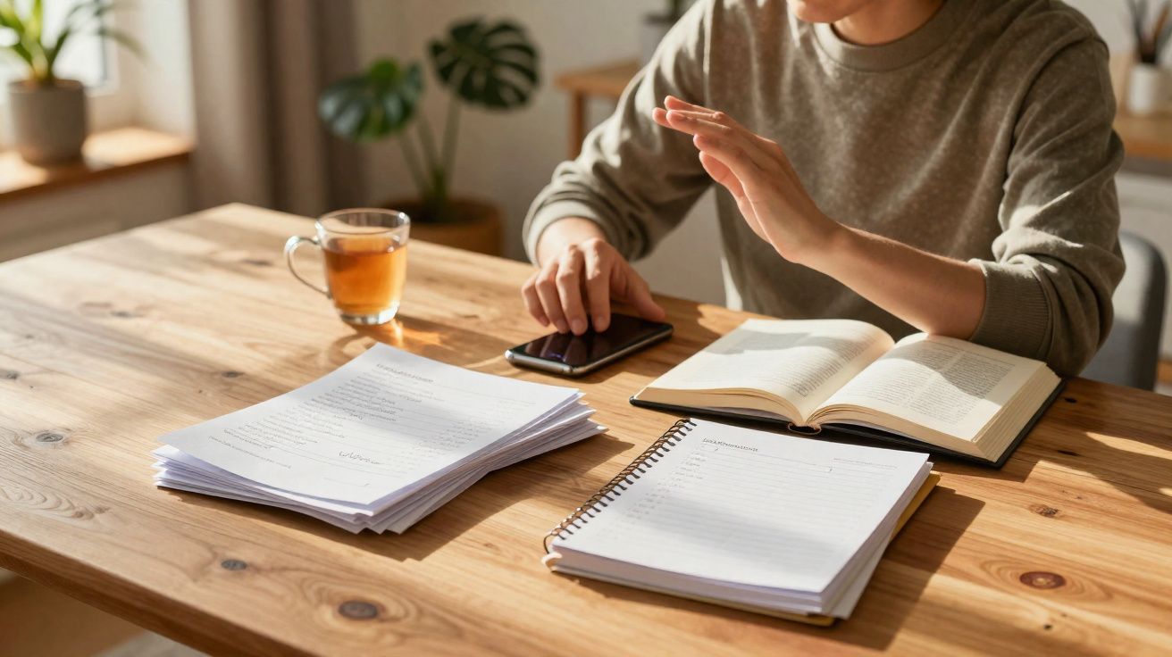 Pessoa sentada a estudar junto a folhas, caderno, livro aberto e chá numa mesa de madeira.