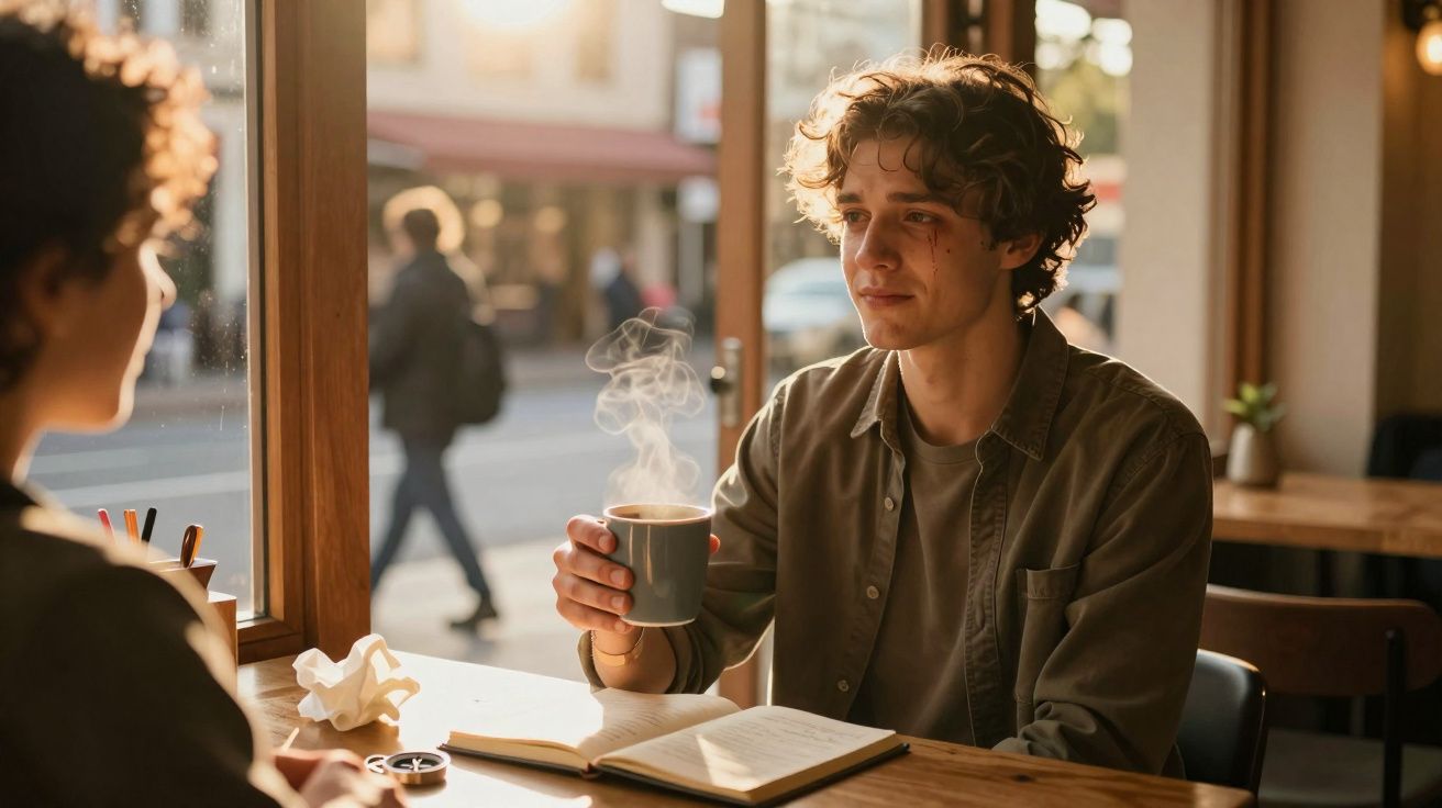 Jovem segurando chá quente e conversando com outra pessoa numa cafetaria iluminada a uma tarde.