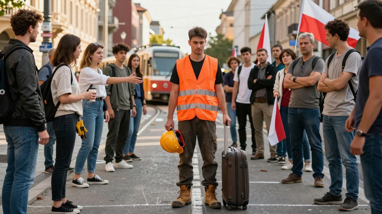 Jovem com colete refletor e capacete numa rua ladeada por pessoas, algumas com bandeiras e um elétrico ao fundo.