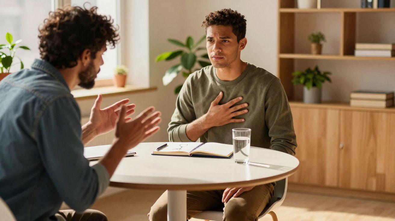 Duas pessoas sentadas à mesa a conversar, uma parece preocupada e com a mão no peito, em ambiente acolhedor.