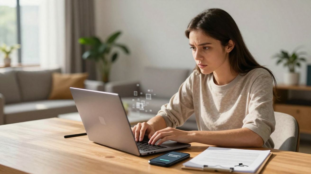 Mulher jovem concentrada a trabalhar no portátil numa mesa com telemóvel e documentos ao lado.