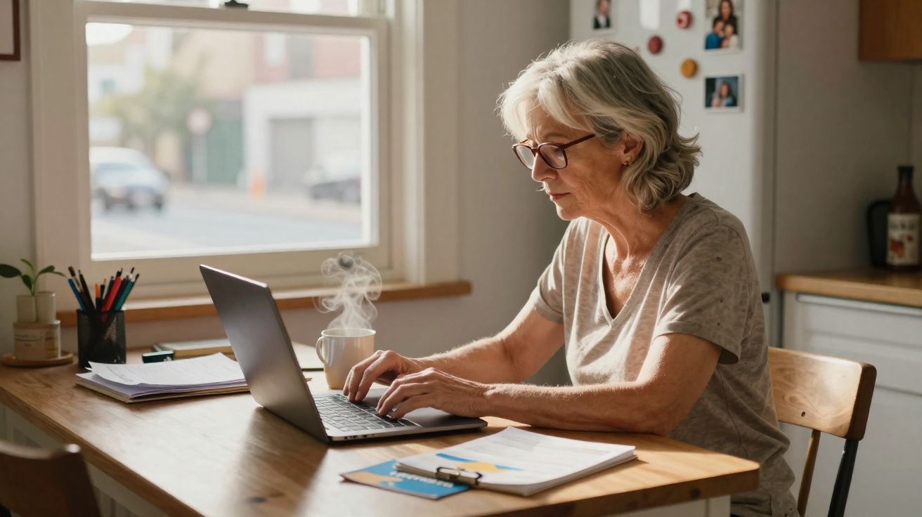 Mulher sénior a usar computador portátil numa mesa de cozinha com chá quente e documentos.