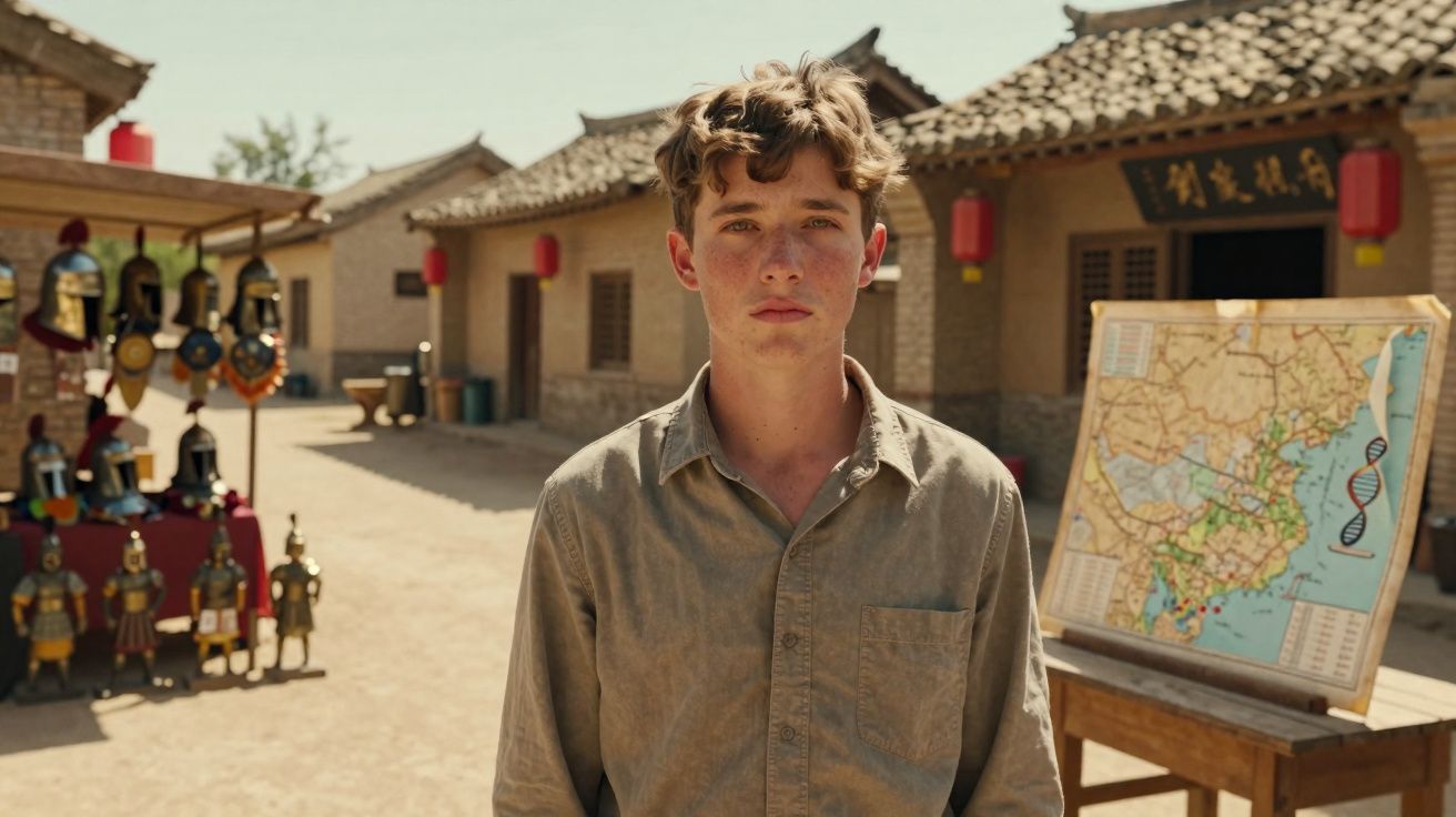 Jovem em camisa bege numa rua com casas tradicionais e um mapa da China numa cavalete ao lado.