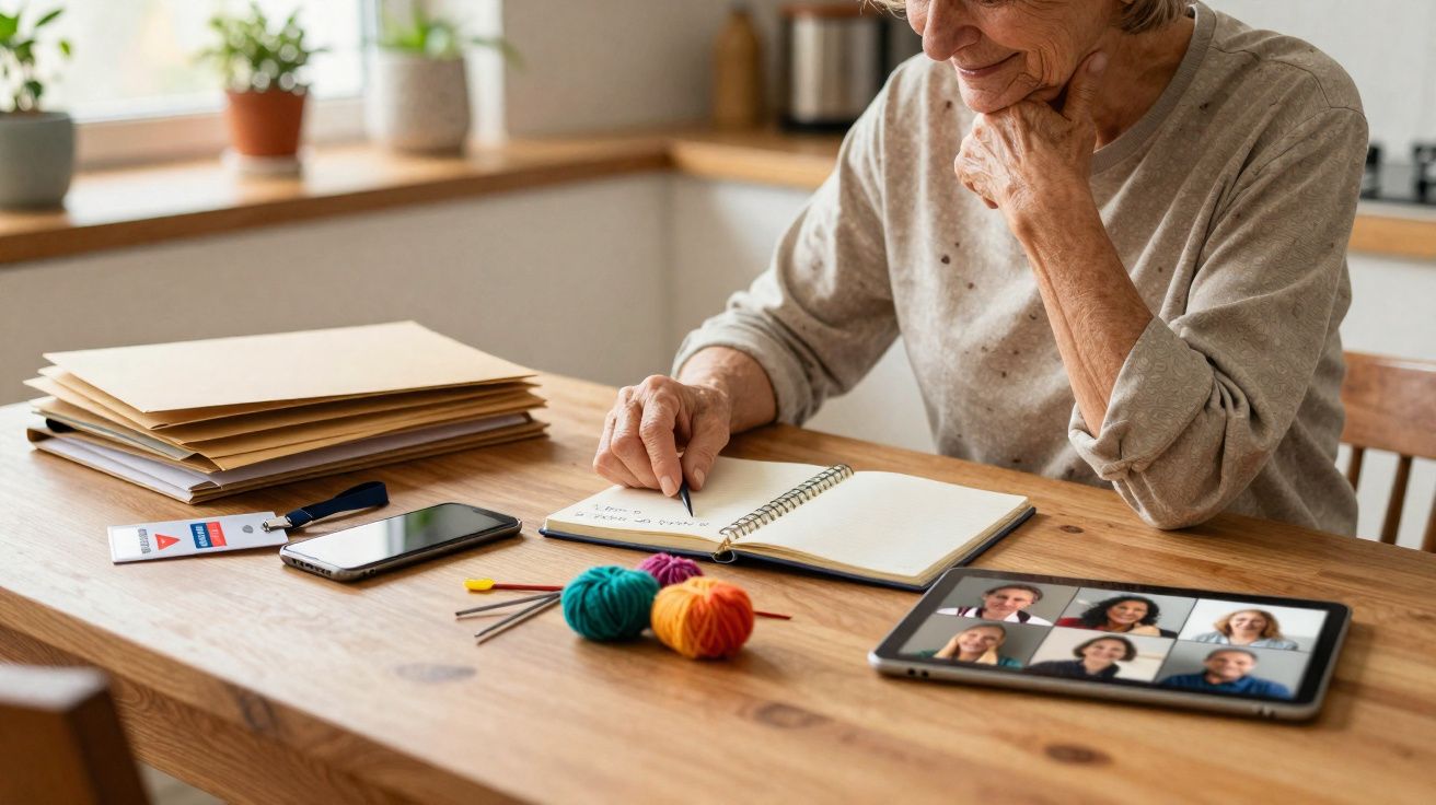 Pessoa idosa a escrever num caderno enquanto participa numa videochamada em tablet numa mesa com vários objetos.