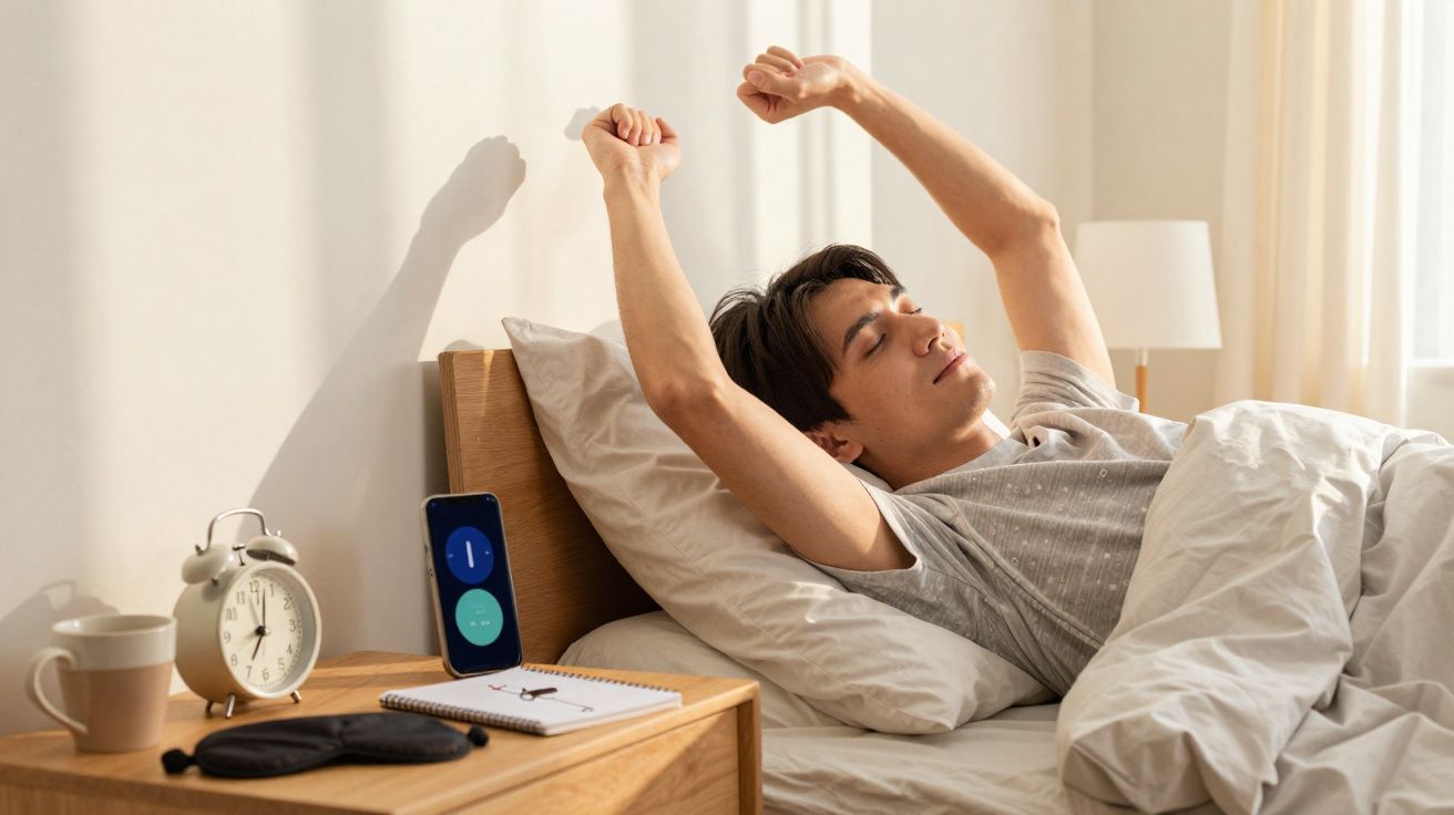 Jovem a espreguiçar-se na cama ao acordar, com mesa de cabeceira, despertador e smartphone ao lado.