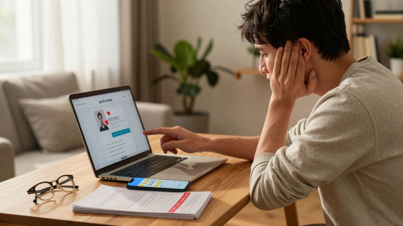 Homem sentado à mesa a usar laptop para consultar perfil numa aplicação de encontros online.