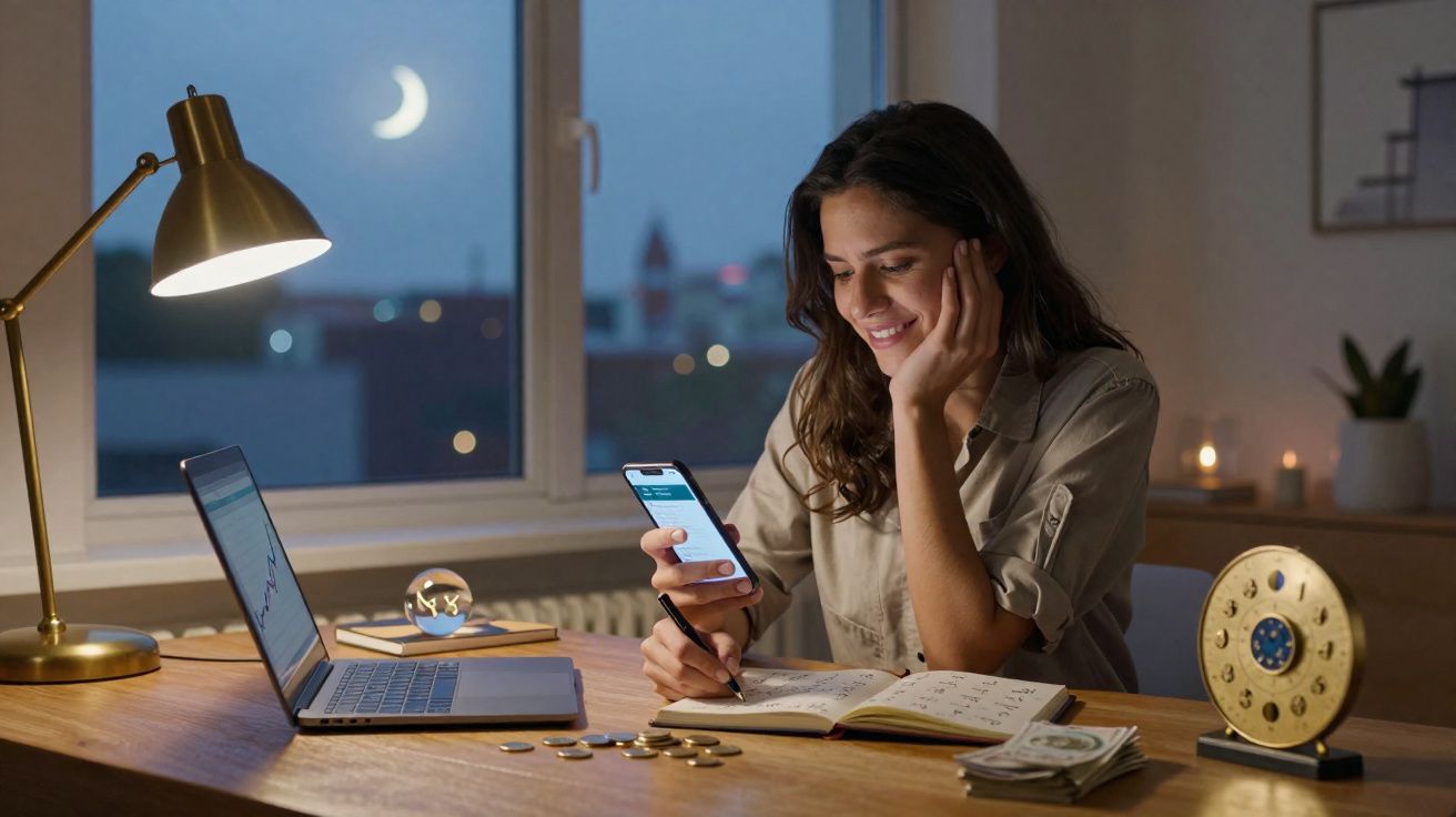 Mulher sentada à secretária à noite, a usar telemóvel e a escrever num caderno, com computador e moedas à sua frente.