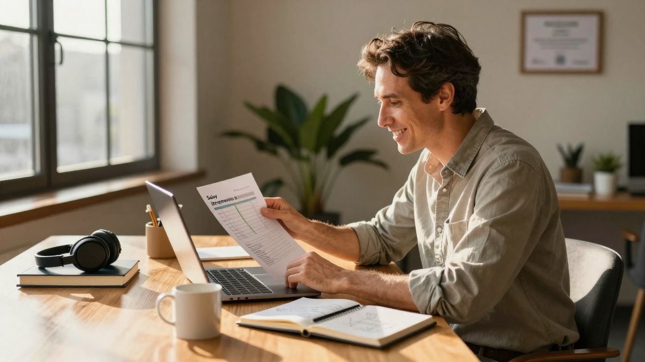 Homem sorridente a trabalhar em casa, segurando um documento e olhando para o computador portátil.