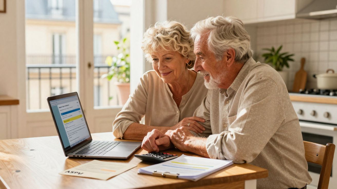Casal sénior sentado à mesa a calcular finanças com portátil, calculadora e documentos em cozinha iluminada.