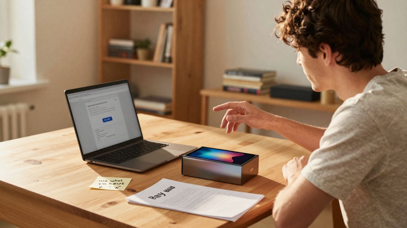 Homem sentado numa secretária com portátil aberto, caixa de smartphone e documentos à sua frente.