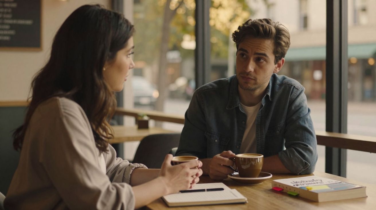 Duas pessoas sentadas numa cafetaria a conversar, cada uma com uma chávena de café na mão.
