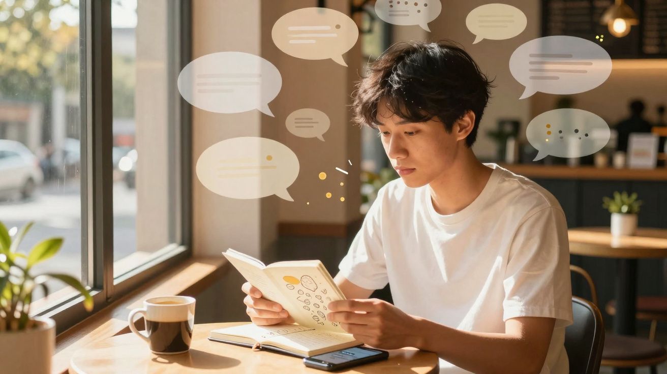 Jovem sentado numa mesa a ler um livro, com balões de texto ilustrados em volta, numa cafeteria iluminada.