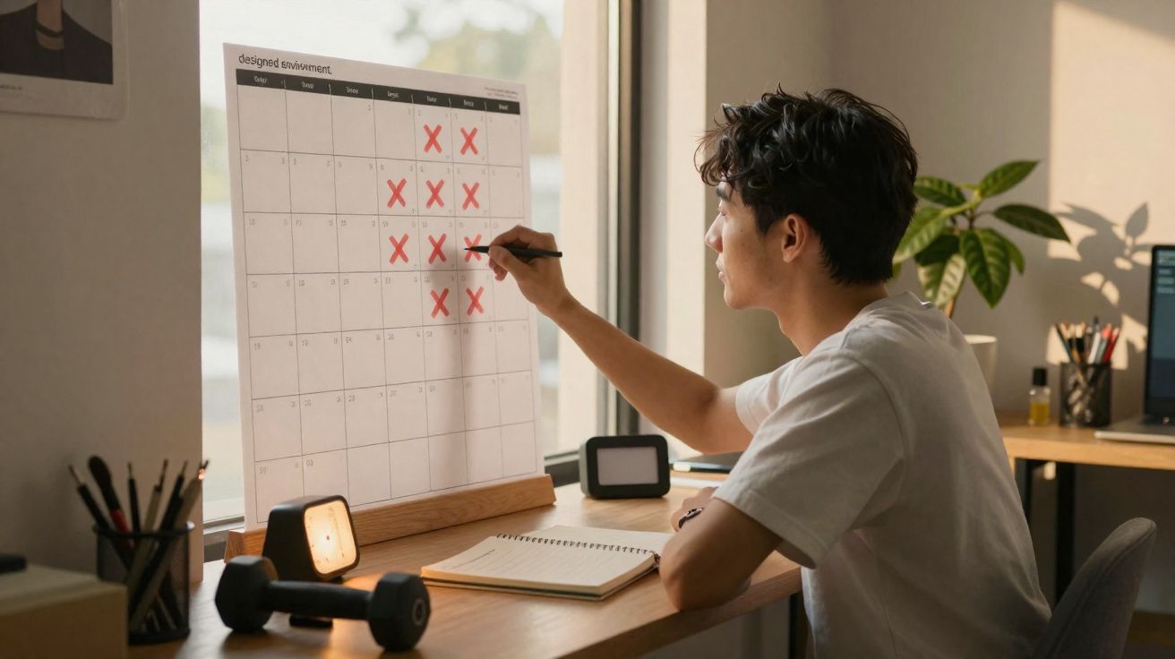 Homem a marcar com caneta um calendário com vários dias riscados numa mesa com halteres e caderno.