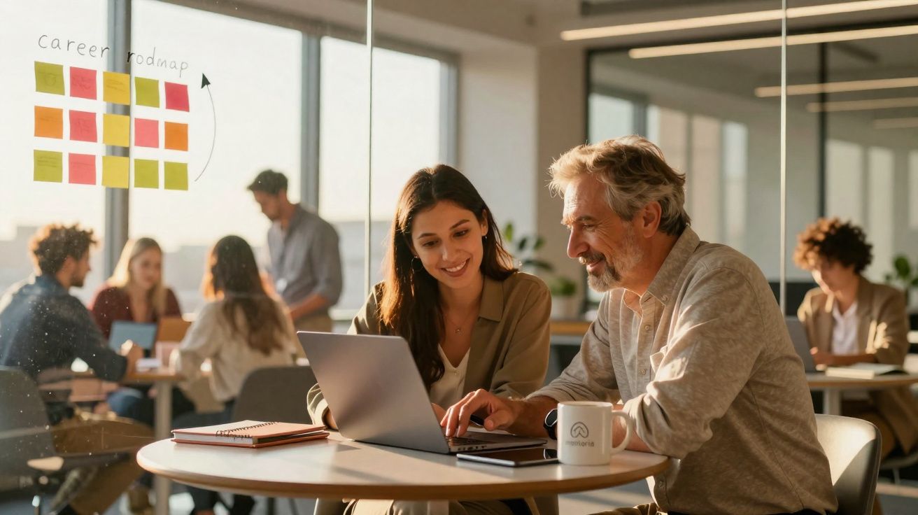 Dois colegas de trabalho a colaborar num projeto num ambiente de escritório moderno e luminoso.