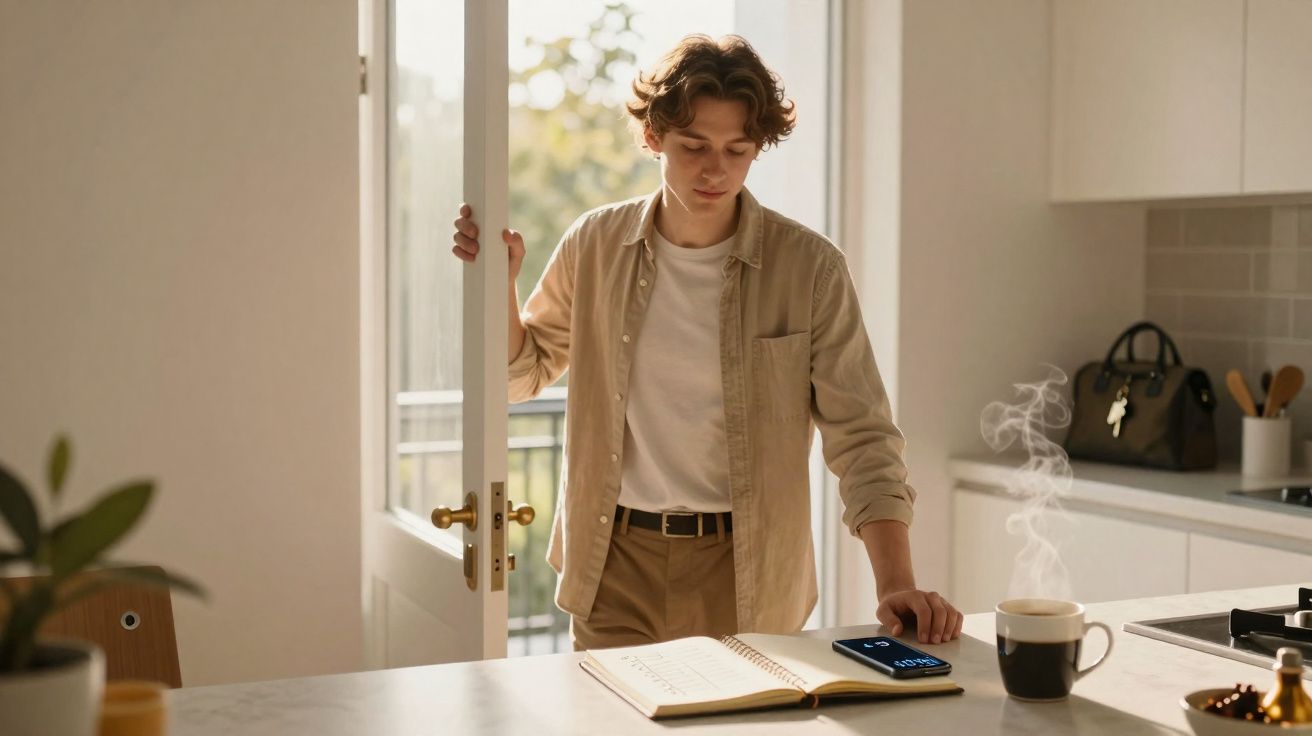 Jovem abre porta e verifica smartphone na cozinha com caderno aberto e chá quente fumegante na bancada.